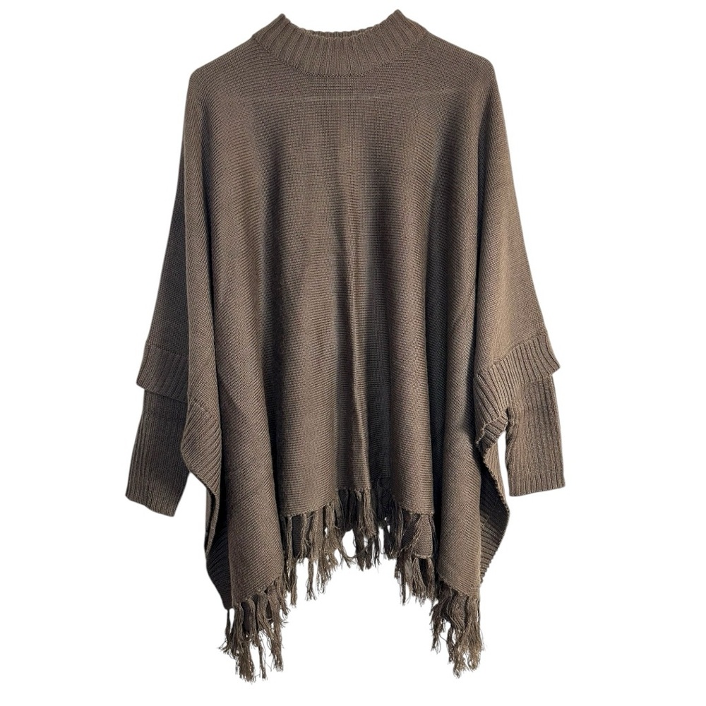 Revue Brown Mock Neck Fringe Poncho Sweater Wool Blend One Size Cozy Comfy